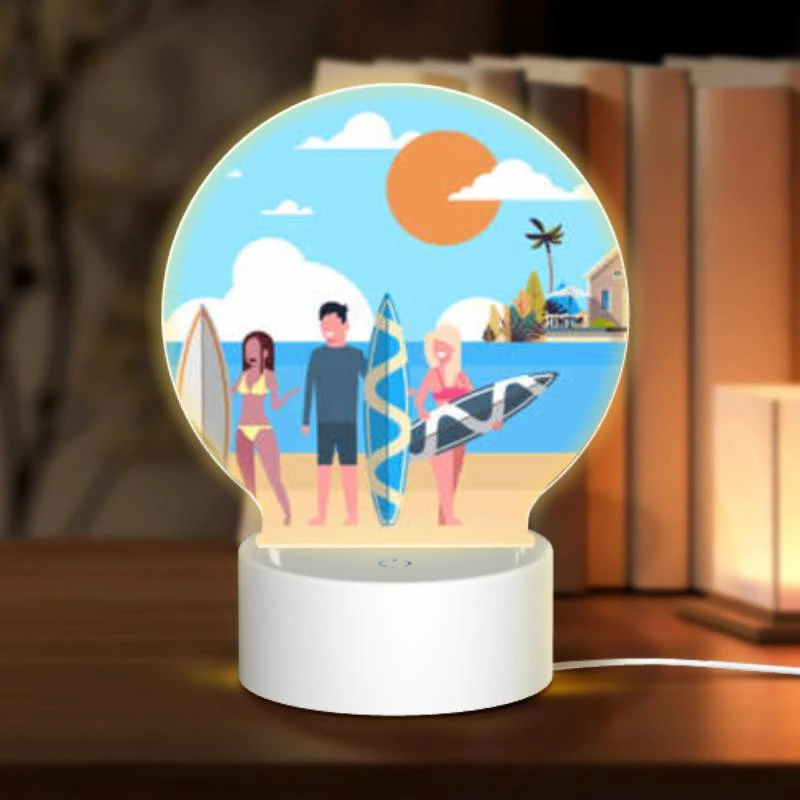 Round Acrylic Night Light, Three people are standing on a beach with their surfboards. Round Acrylic Night Light, Three People Are Standing On A Beach With Their Surfboards. -Pattern Night Light 4ca954967929c4597d3c03c91a380cddd1bce056