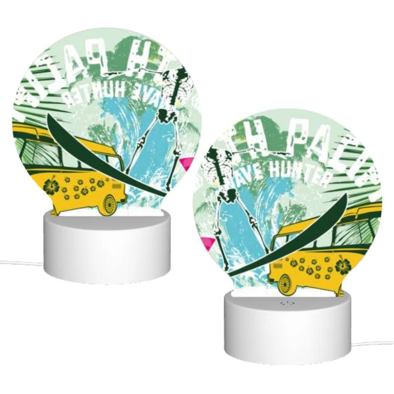 Round Acrylic Night Light, A surfboard with a skeleton on it is next to a bus. Round Acrylic Night Light, A Surfboard With A Skeleton On It Is Next To A Bus. -Pattern Night Light 4cc269675f746010810cbfaa9a2cfc7c7e3e6c8b