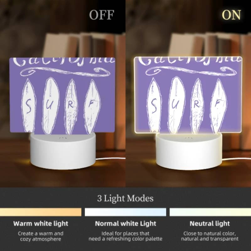 Rectangular Acrylic Night Light, A purple drawing of a surfboard with the word surf on it. Rectangular Acrylic Night Light, A Purple Drawing Of A Surfboard With The Word Surf On It. -Pattern Night Light 4e60f6ce20a55fa9105d7a838a1053b7950e1600