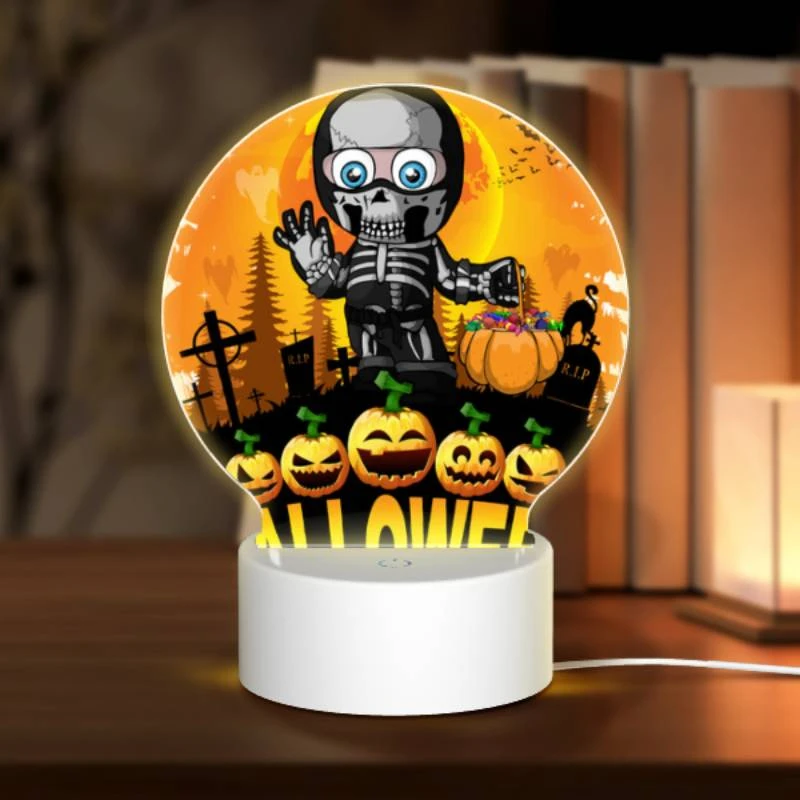 Round Acrylic Night Light, A skeleton is holding a pumpkin and a bag of candy. Round Acrylic Night Light, A Skeleton Is Holding A Pumpkin And A Bag Of Candy. -Pattern Night Light 503a3bd8b49c778265e71c48d23c2fe013a760bf