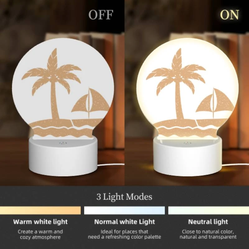 Round Acrylic Night Light, A sailboat is sailing in the ocean near a palm tree. Round Acrylic Night Light, A Sailboat Is Sailing In The Ocean Near A Palm Tree. -Pattern Night Light 522f78221b3f932393a997b6140181b12b356343