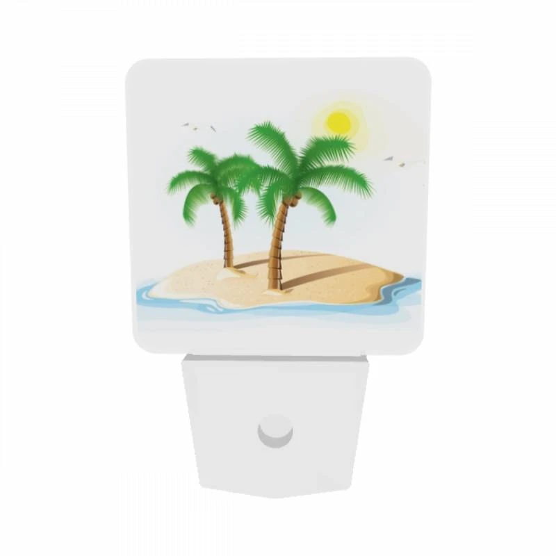 Night Light Set of 2, A white drawing of a palm tree on a sandy beach. Night Light Set Of 2, A White Drawing Of A Palm Tree On A Sandy Beach. -Pattern Night Light 5331317e7b035c4f17fd94df945eb5facb517c2c