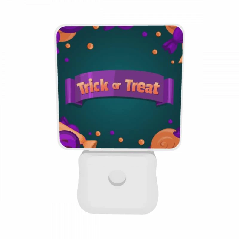 Night Light Set of 2, A purple and orange banner with the words "trick or treat" on it. Night Light Set Of 2, A Purple And Orange Banner With The Words "trick Or Treat" On It. -Pattern Night Light 53a10f1c587364dd7fcdb72508702aa9756c5114