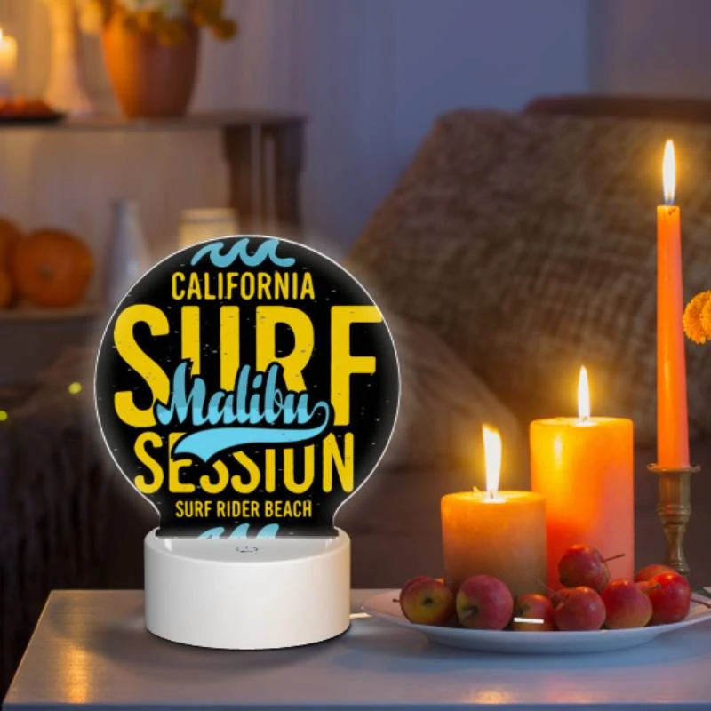 Round Acrylic Night Light, A surfboard with the words California Surf Session on it. Round Acrylic Night Light, A Surfboard With The Words California Surf Session On It. -Pattern Night Light 5412a6dd3b79cd723a5453f979494744085068bc