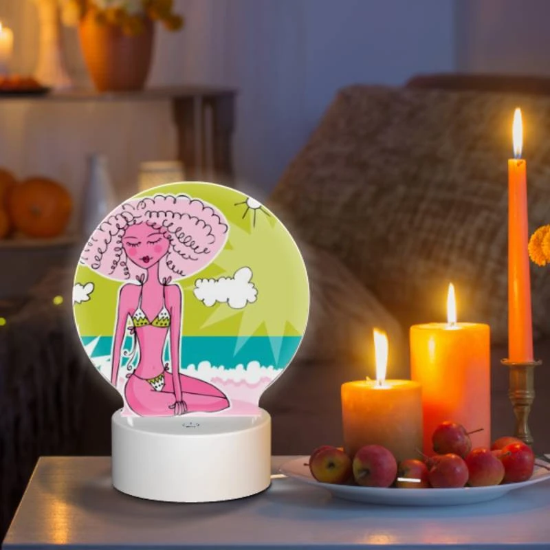 Round Acrylic Night Light, A cartoon woman with pink hair and a bikini sits on a beach. Round Acrylic Night Light, A Cartoon Woman With Pink Hair And A Bikini Sits On A Beach. -Pattern Night Light 559af2ce54dcd163e420a58498ca204f38cd77f9