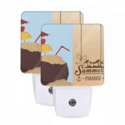 Night Light Set Of 2, A Cartoon Of A Coconut Tree With A Lemon And A Straw In It.