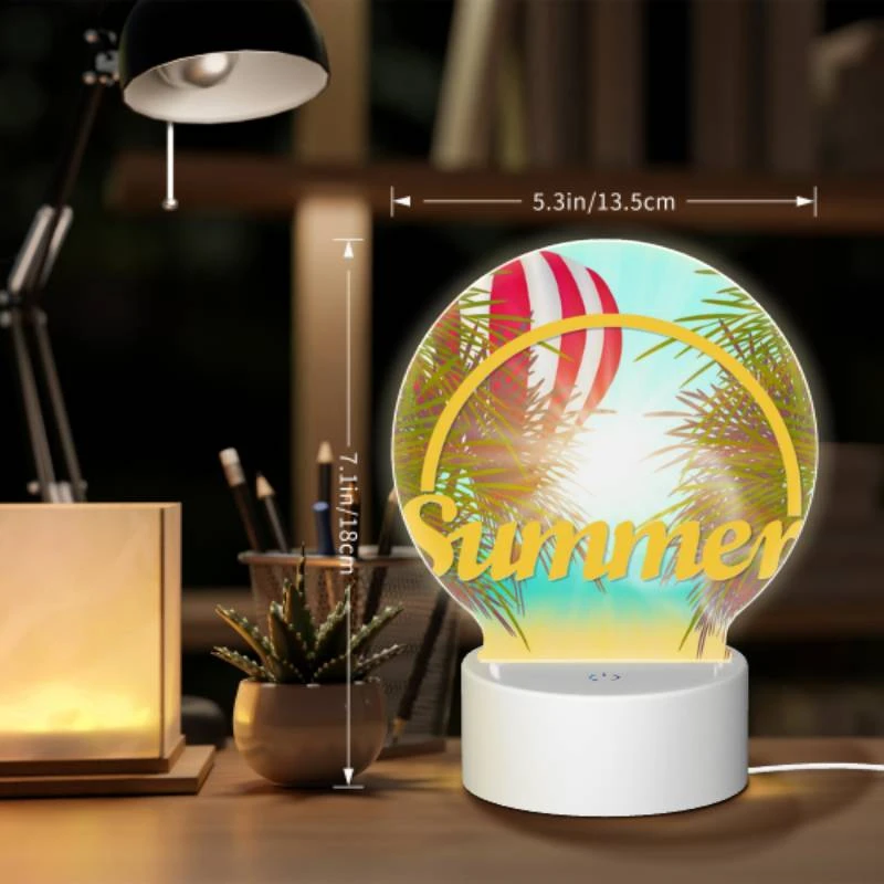 Round Acrylic Night Light, A colorful hot air balloon is flying over a beach with a yellow sign that says "Summer." Round Acrylic Night Light, A Colorful Hot Air Balloon Is Flying Over A Beach With A Yellow Sign That Says "Summer." -Pattern Night Light 56e0ff24114b67db0896a42b4b5adc4ef2e6e02a