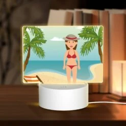 Rectangular Acrylic Night Light, A Woman In A Red Bikini Is Standing On A Sandy Beach.