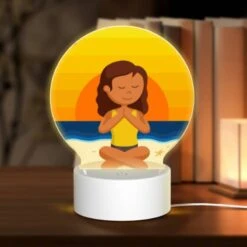 Round Acrylic Night Light, A Woman Is Sitting On The Beach