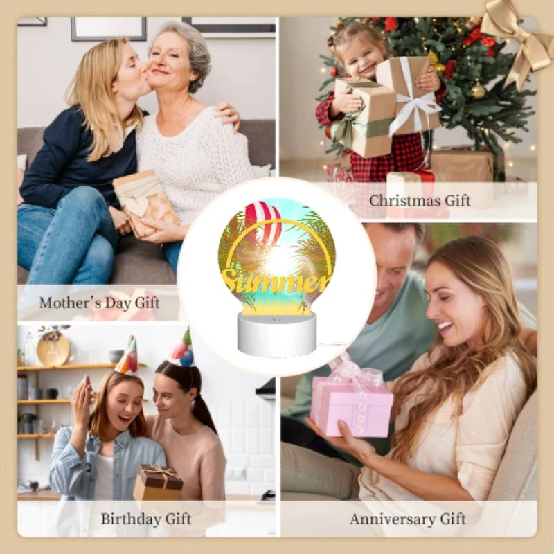 Round Acrylic Night Light, A colorful hot air balloon is flying over a beach with a yellow sign that says "Summer." Round Acrylic Night Light, A Colorful Hot Air Balloon Is Flying Over A Beach With A Yellow Sign That Says "Summer." -Pattern Night Light 5b4515bd0c7788b59ac017f504108d80c427ae25