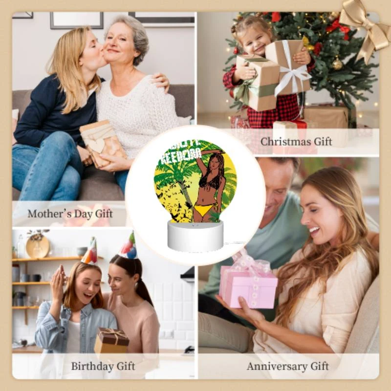 Round Acrylic Night Light, A woman with a yellow bikini is standing in front of a tree with birds flying around her. Round Acrylic Night Light, A Woman With A Yellow Bikini Is Standing In Front Of A Tree With Birds Flying Around Her. -Pattern Night Light 5baafe22be5addb373c258184cb544adc816c3a5