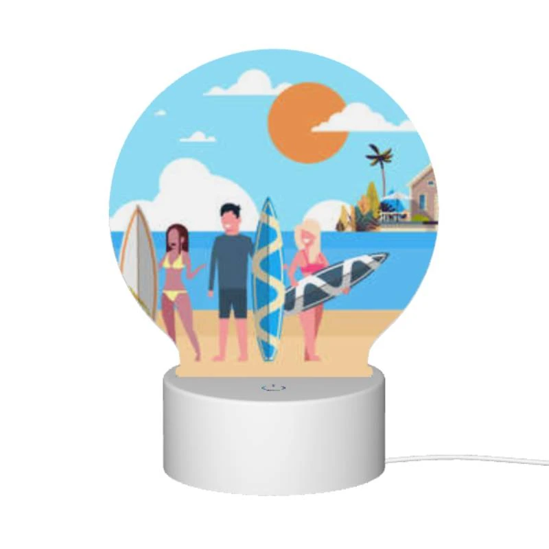 Round Acrylic Night Light, Three people are standing on a beach with their surfboards. Round Acrylic Night Light, Three People Are Standing On A Beach With Their Surfboards. -Pattern Night Light 5c7608356aa0748fcb3c600b49b8cd758bf099e2