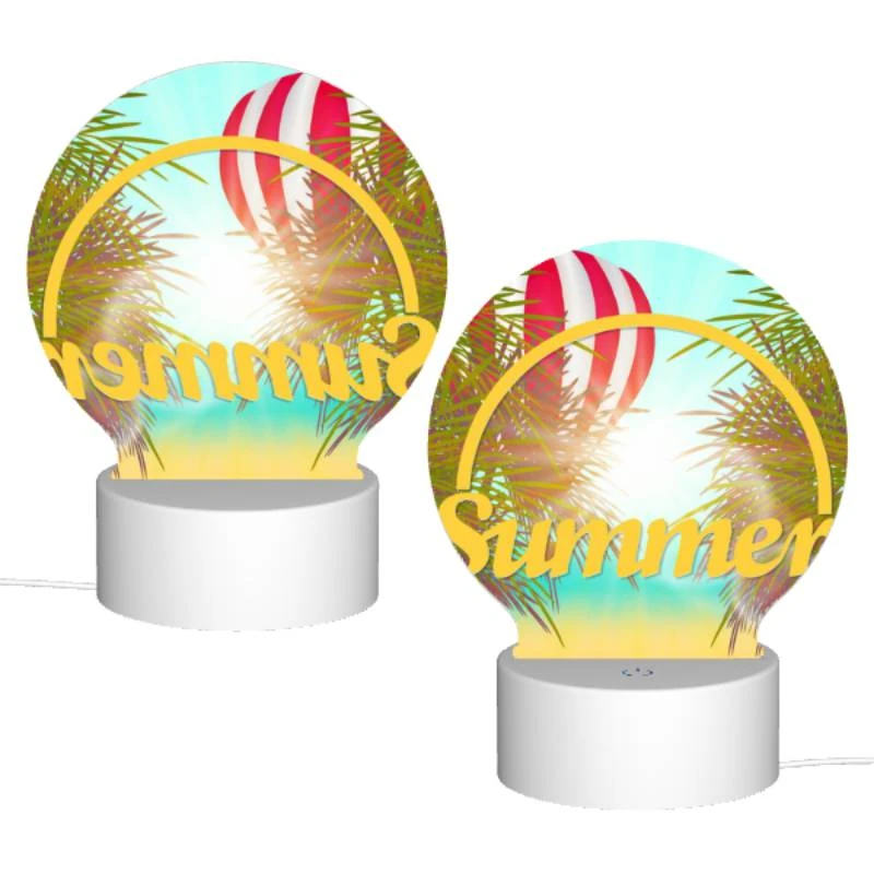 Round Acrylic Night Light, A colorful hot air balloon is flying over a beach with a yellow sign that says "Summer." Round Acrylic Night Light, A Colorful Hot Air Balloon Is Flying Over A Beach With A Yellow Sign That Says "Summer." -Pattern Night Light 5ce3a4a4a18f1ada8f42ea90ccade7af43069694