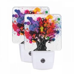Night Light Set Of 2, A Tree With A Lot Of Colorful Paint On It.