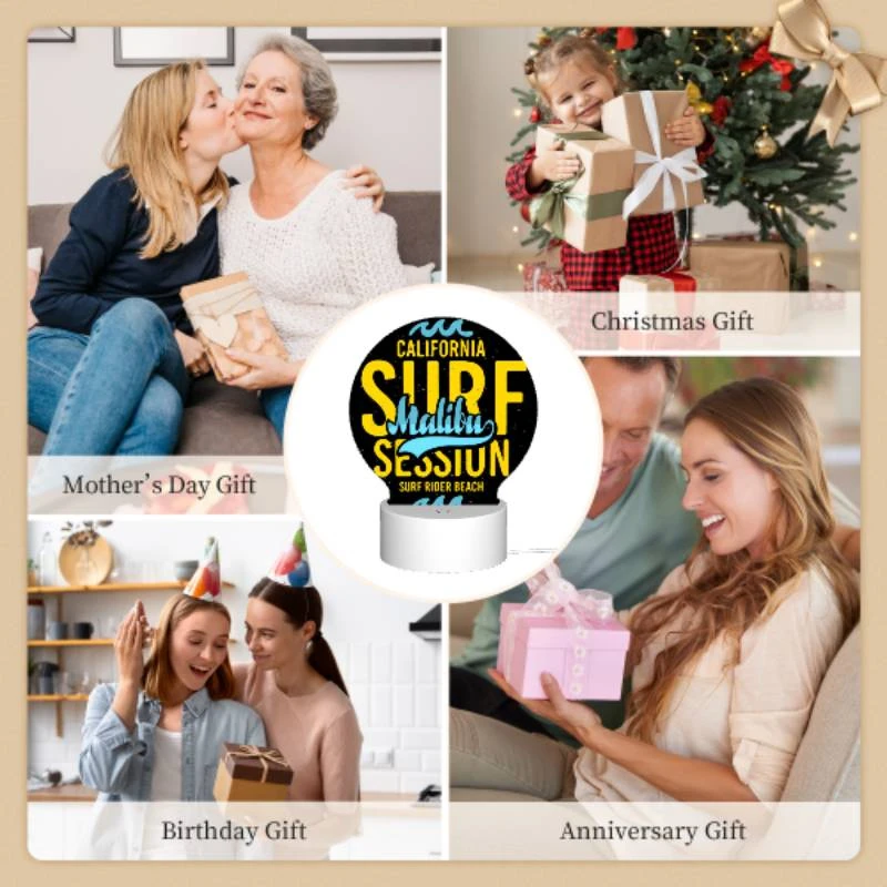 Round Acrylic Night Light, A surfboard with the words California Surf Session on it. Round Acrylic Night Light, A Surfboard With The Words California Surf Session On It. -Pattern Night Light 5f83573521848e0b4e756a64a9012fa3390ceb86