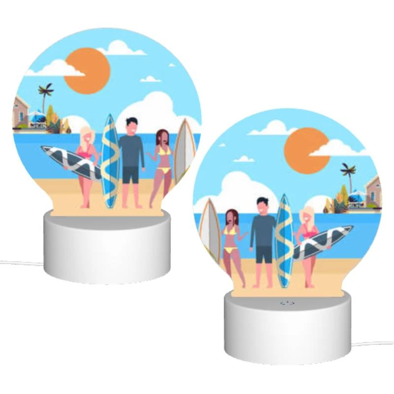Round Acrylic Night Light, Three people are standing on a beach with their surfboards. Round Acrylic Night Light, Three People Are Standing On A Beach With Their Surfboards. -Pattern Night Light 606e7d39fe7d604bd5bff3374df66798c0237e4b