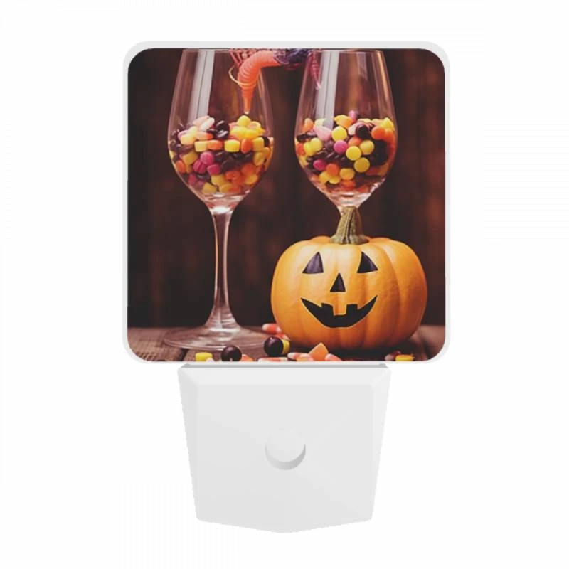 Night Light, A pumpkin is sitting next to two wine glasses filled with candy. Night Light, A Pumpkin Is Sitting Next To Two Wine Glasses Filled With Candy. -Pattern Night Light 6152f788a54e0c371e2678b095194e2d064409ed