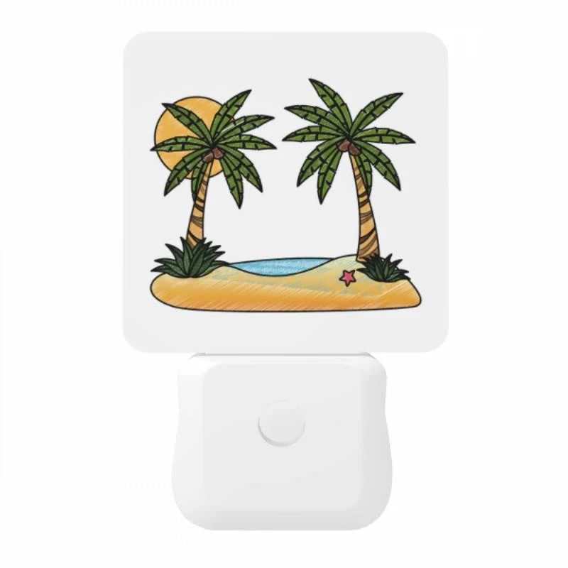 Night Light, A cartoon drawing of a tropical island with two palm trees and a sun. Night Light, A Cartoon Drawing Of A Tropical Island With Two Palm Trees And A Sun. -Pattern Night Light 6212cb1093137116a59cd20baee16bb8e1f2b99e
