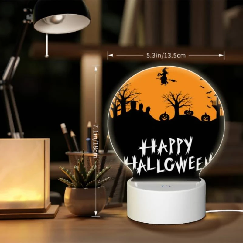 Round Acrylic Night Light, A Halloween poster with a witch flying over a hill of pumpkins. Round Acrylic Night Light, A Halloween Poster With A Witch Flying Over A Hill Of Pumpkins. -Pattern Night Light 632457a76e623745c16cc100af7f4a963e95c2f9