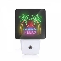 Night Light, A Neon Sign With Palm Trees And The Word "Relax" On It.