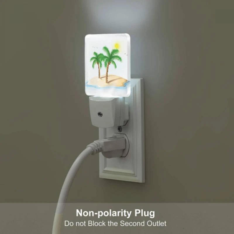 Night Light Set of 2, A white drawing of a palm tree on a sandy beach. Night Light Set Of 2, A White Drawing Of A Palm Tree On A Sandy Beach. -Pattern Night Light 65d8f69a597f89014ed183cd42bda542818ba190