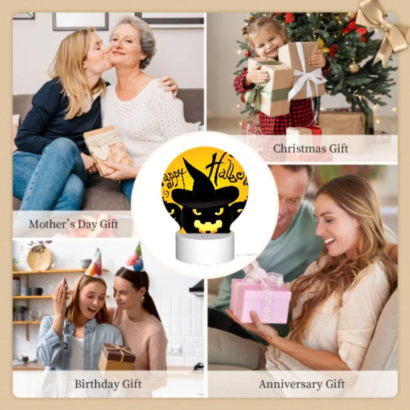 Round Acrylic Night Light, Three black and yellow pumpkins are shown with a witch's hat on top of each one. Round Acrylic Night Light, Three Black And Yellow Pumpkins Are Shown With A Witch's Hat On Top Of Each One. -Pattern Night Light 6738d792500160aeb6a36daa99e8b4a3749745dd