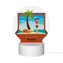 Round Acrylic Night Light, A Woman Is Standing On A Beach With A Suitcase And A Palm Tree. -Pattern Night Light 67406bbf7e08b70324502b6b0082a110d73b0764
