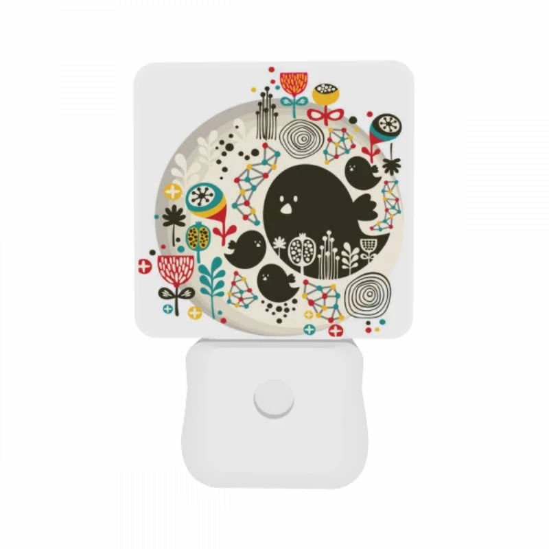 Night Light Set of 2, A colorful circle with a black bird and other birds in the middle. Night Light Set Of 2, A Colorful Circle With A Black Bird And Other Birds In The Middle. -Pattern Night Light 6777e0cc129a76b04c116c5edf0e99e0e55b8c2e