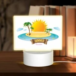 Rectangular Acrylic Night Light, A Cartoon Of A Beach With A Sun And Palm Trees.