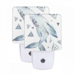 Night Light Set Of 2, A Blue And White Whale With A Triangle On Its Side.