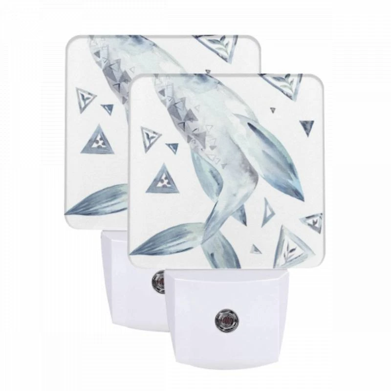 Night Light Set of 2, A blue and white whale with a triangle on its side. Night Light Set Of 2, A Blue And White Whale With A Triangle On Its Side. -Pattern Night Light 67e81f72940bc411f54455c5ec9028a6cc11c8de