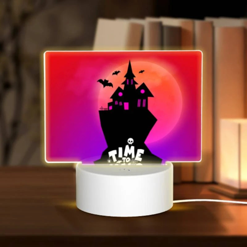 Rectangular Acrylic Night Light, A black and white image of a haunted house with a pink roof and a moon in the background. Rectangular Acrylic Night Light, A Black And White Image Of A Haunted House With A Pink Roof And A Moon In The Background. -Pattern Night Light 697a4190de59b20e90ccef680f224ce1ce9782c0