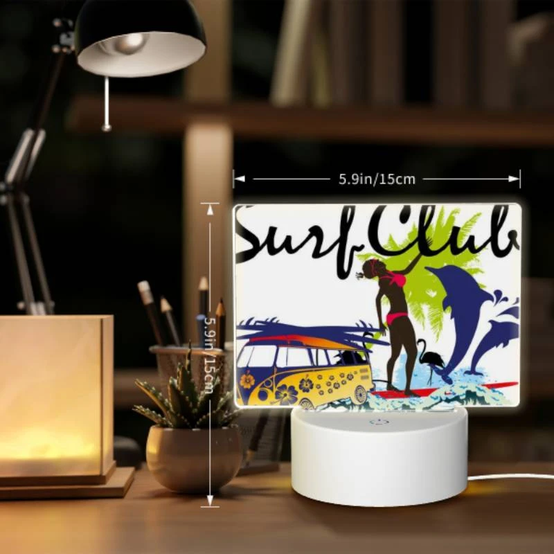 Rectangular Acrylic Night Light, A woman is surfing on a surfboard in front of a yellow and blue van. Rectangular Acrylic Night Light, A Woman Is Surfing On A Surfboard In Front Of A Yellow And Blue Van. -Pattern Night Light 69d660dfe68ea982f4d7555c9cc297d4d7d0f8e9
