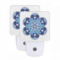 Night Light Set Of 2, A Blue And White Flower With A Blue Background.