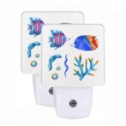 Night Light Set Of 2, A Colorful Fish And A Blue Fish Are Shown Together.