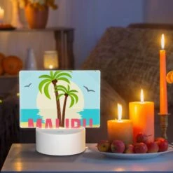 Rectangular Acrylic Night Light, A Palm Tree Is In Front Of A Sunset With The Word Malibu Written Below It. 8 Rectangular Acrylic Night Light, A Palm Tree Is In Front Of A Sunset With The Word Malibu Written Below It. -Pattern Night Light 6eb2aaf32c339869659f1676406b151ec71e9517