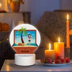 Round Acrylic Night Light, A Woman Is Standing On A Beach With A Suitcase And A Palm Tree. -Pattern Night Light 6f59cf1b464a9b1c8daeb63dc71ad87c4db0f190