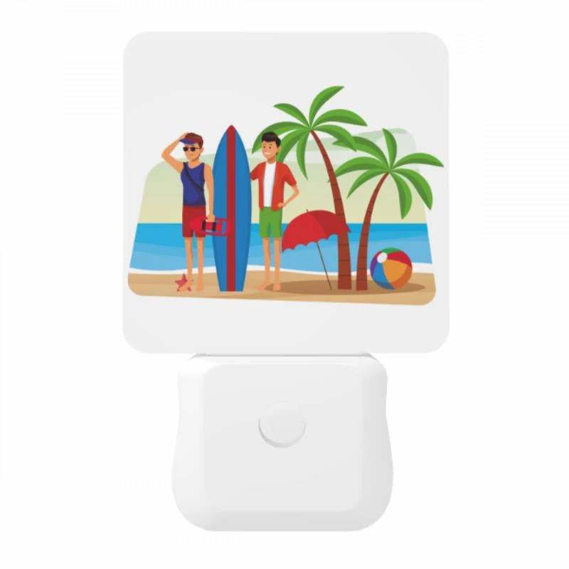 Night Light, Two men standing on a beach with surfboards and an umbrella. Night Light, Two Men Standing On A Beach With Surfboards And An Umbrella. -Pattern Night Light 7412dcacfaf5fb8c09aa5b1d02e4ebe3be70e290