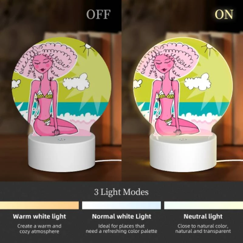 Round Acrylic Night Light, A cartoon woman with pink hair and a bikini sits on a beach. Round Acrylic Night Light, A Cartoon Woman With Pink Hair And A Bikini Sits On A Beach. -Pattern Night Light 752830668283023def538edad5d41f11aa97b920