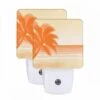 Night Light Set Of 2, A Palm Tree Is In Front Of A Beautiful Orange Sunset.