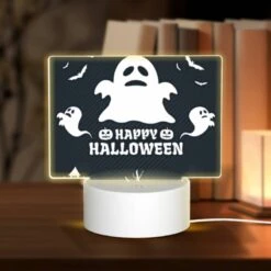 Rectangular Acrylic Night Light, A Ghost Is Shown With The Words "Happy Halloween" Written Below It.