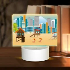 Rectangular Acrylic Night Light, A Beach Scene With A Few Colorful Umbrellas And A Few Palm Trees.