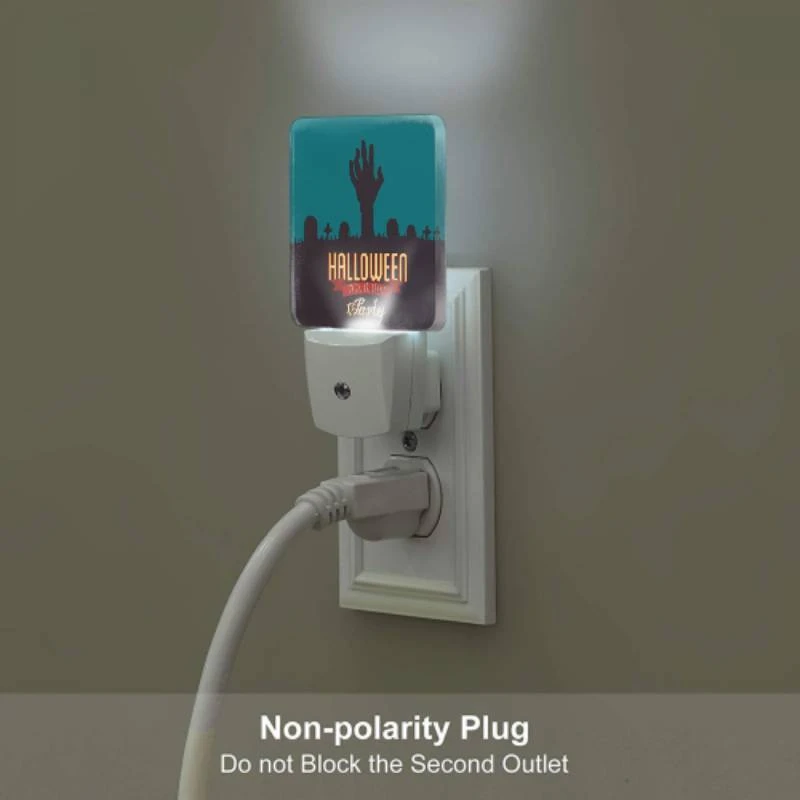 Night Light Set of 2, A Halloween party is advertised with a skeleton hand and a cemetery scene. Night Light Set Of 2, A Halloween Party Is Advertised With A Skeleton Hand And A Cemetery Scene. -Pattern Night Light 777901a51e018c546c3974b32cbeceb5ba54628a