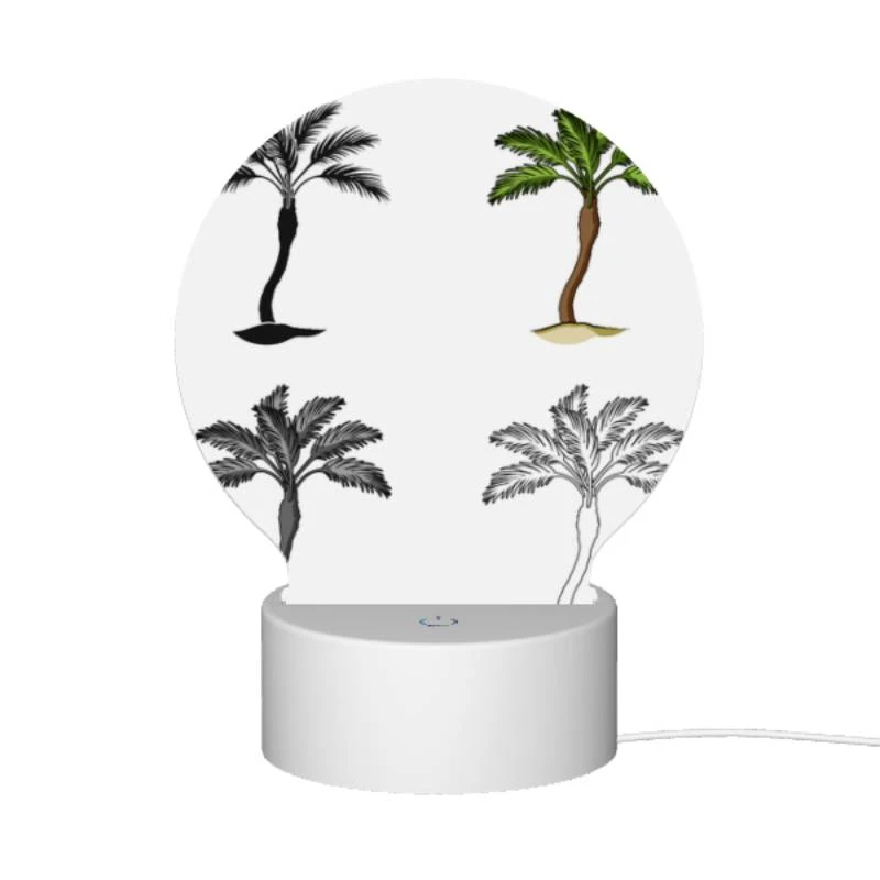 Round Acrylic Night Light, Four different types of palm trees are shown in silhouette. Round Acrylic Night Light, Four Different Types Of Palm Trees Are Shown In Silhouette. -Pattern Night Light 784c61022713dd79fc260eb6757f5f2f0e4cba8a