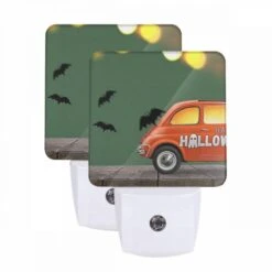 Night Light Set Of 2, A Cartoon Car With A Bats And A Sign That Says Happy Halloween.
