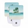 Night Light Set Of 2, A Tropical Island With A Palm Tree And A Sunny Sky.