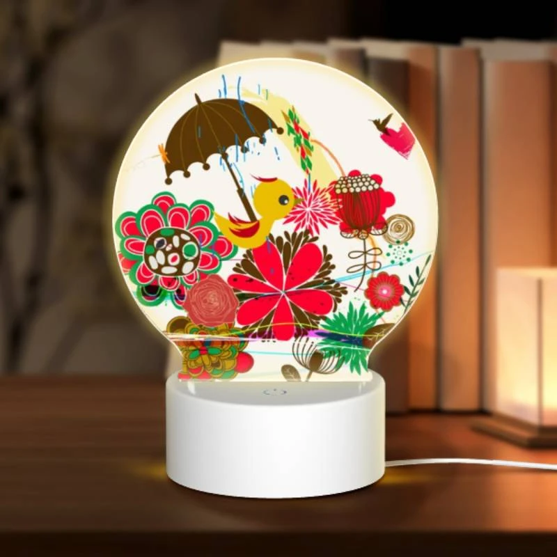Round Acrylic Night Light, A colorful umbrella is surrounded by various flowers and birds. Round Acrylic Night Light, A Colorful Umbrella Is Surrounded By Various Flowers And Birds. -Pattern Night Light 7b4d679467f56865fdf1a5b51276e5f71fef9070