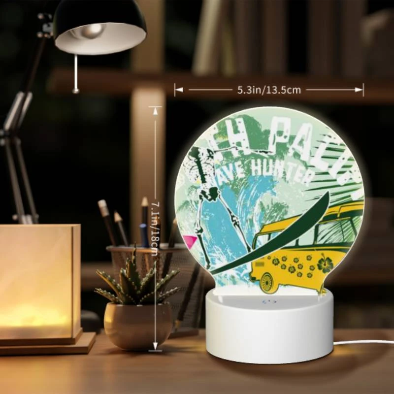 Round Acrylic Night Light, A surfboard with a skeleton on it is next to a bus. Round Acrylic Night Light, A Surfboard With A Skeleton On It Is Next To A Bus. -Pattern Night Light 7bac8b86a8d42444e9b74a6281eda12ac58b3893
