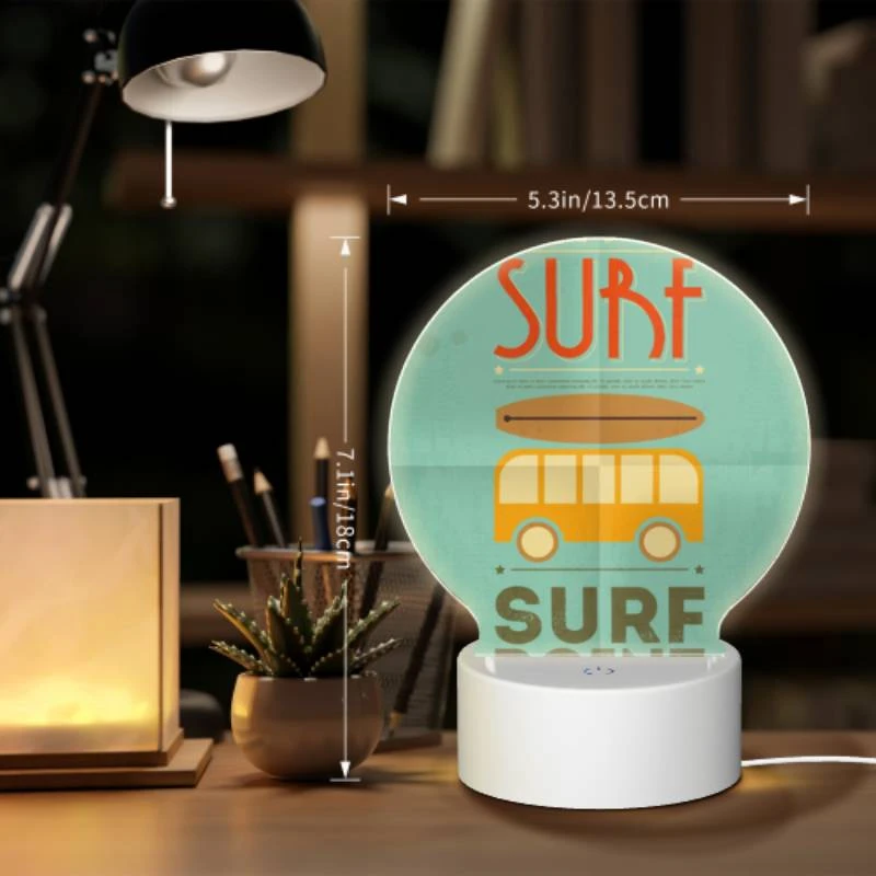 Round Acrylic Night Light, A surfboard is on top of a bus. Round Acrylic Night Light, A Surfboard Is On Top Of A Bus. -Pattern Night Light 7c01f0bcf86791223060d22d5fe9dfde3c076fec
