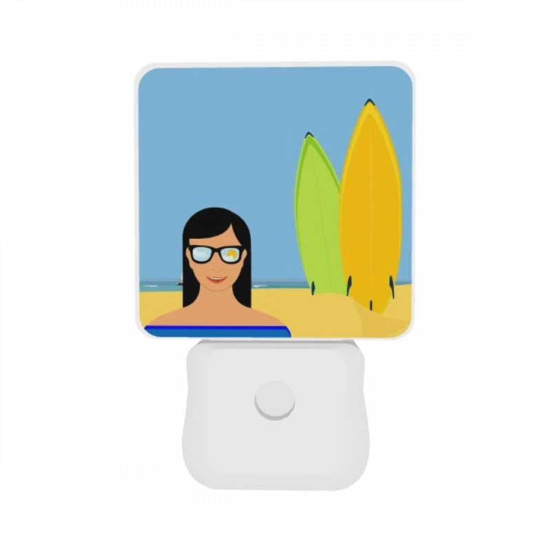 Night Light Set of 2, A woman wearing glasses is standing in front of two surfboards. Night Light Set Of 2, A Woman Wearing Glasses Is Standing In Front Of Two Surfboards. -Pattern Night Light 7fe1b9b37ea7f1e446849bf098933d76d91ee746